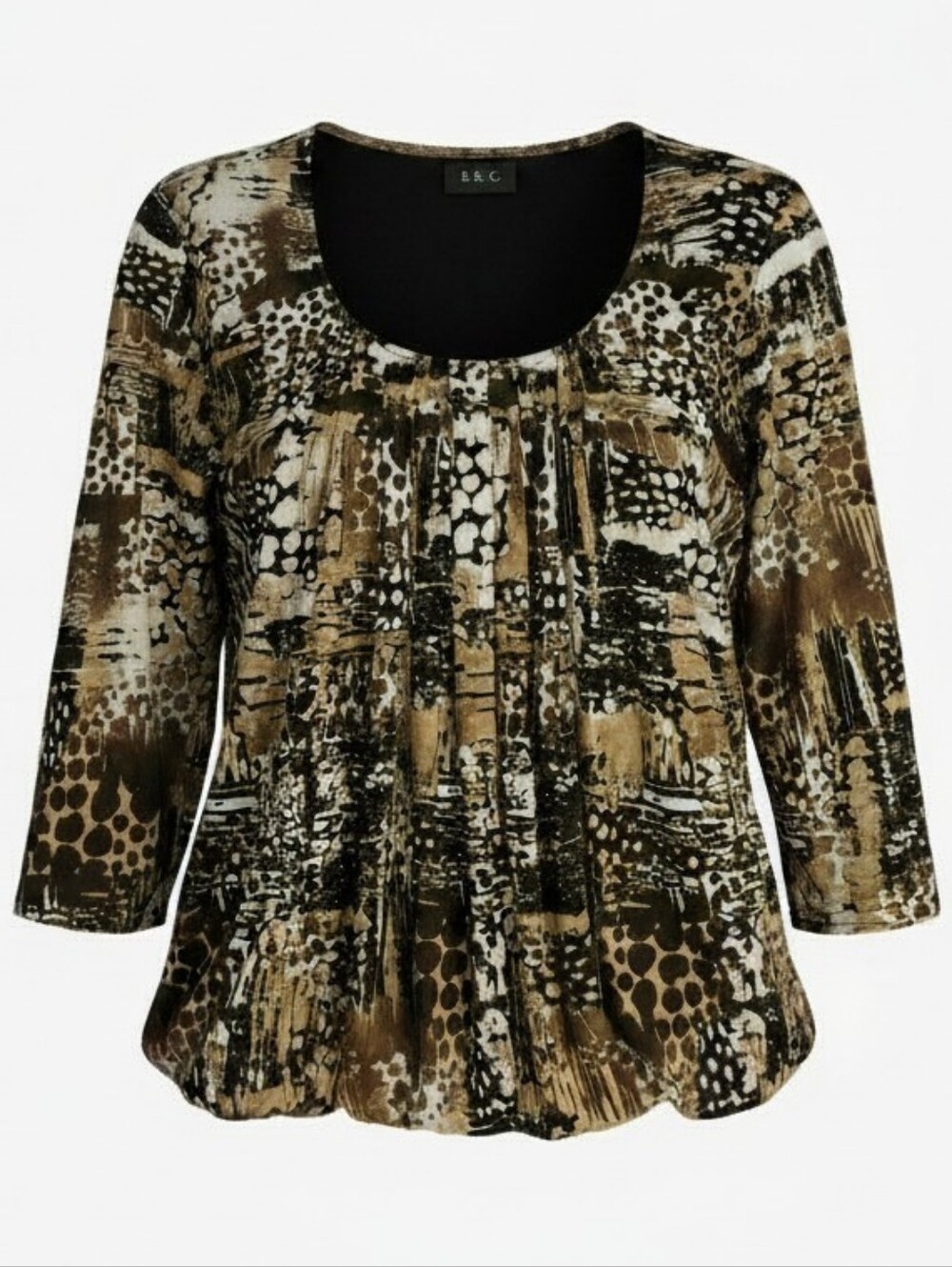 B&C Collection Brown Printed Scoop Neck Tunic with Pleated Front